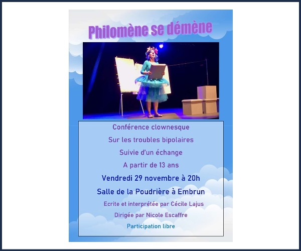 Embrun. Conférence clownesque, Philomène se démène