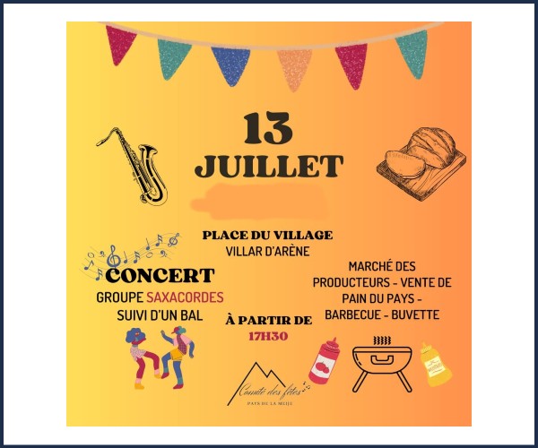 Soirée du 13 juillet à Villar d'Arène, musique et marché Artisanal